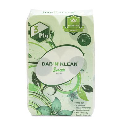 Dab N Klean 3 Ply Toilet Tissue Paper Roll - Pack of 6 | Soft & Ultra Absorbent | OBA-Free | Anti-Clog | Hygienic & 100% Natural Virgin Cellulose Fiber | 160 Pulls per Roll (6 Rolls (960 Sheets))