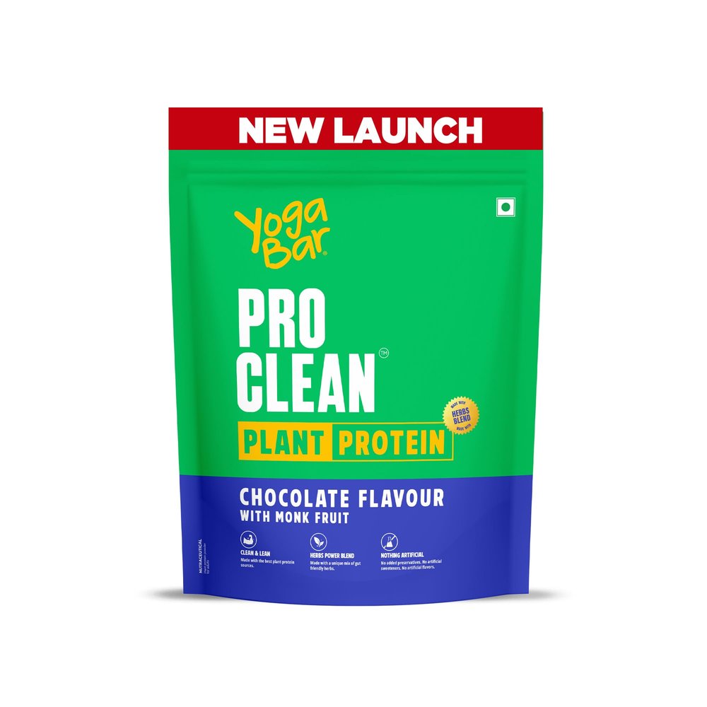 Yogabar ProClean Plant Protein Powder - 25g Protein Per Serve - Chocolate Flavour with Monk Fruit Sweetener - Cleanest & Lightest Protein with Herbs for Easy Digestion - Ideal for Vegan Diet - No Added Preservatives, No Added Sugar (500g Pouch, 13 Se