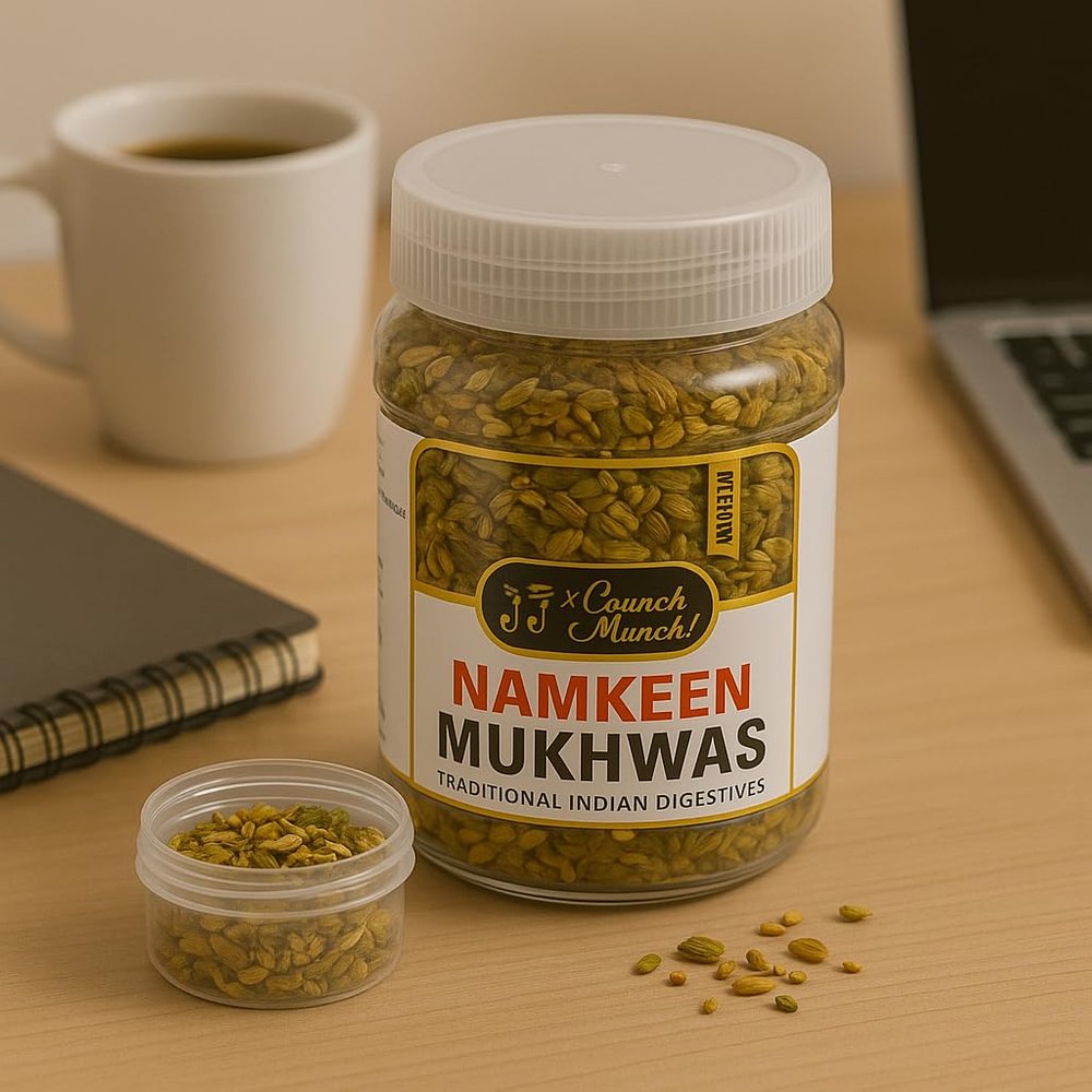 J J Crunch N Munch Namkeen Mukhwas | Premium Digestive Mouth Freshener with Fennel, Coriander & Sesame Seeds | Traditional Indian After-Meal Snack | Crunchy & Refreshing (100 Gram, Fennel & Mixed Seeds)