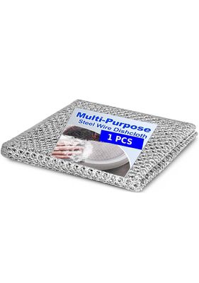 ARUHIU Steel Wire Dishcloth, Multi-Purpose Non-Scratch Scrubbing Pads for Kitchen and Bathroom Cleaning, Stainless-Steel Dish Wash Scrubber for Washing Dishes, Pack of 1, Silver