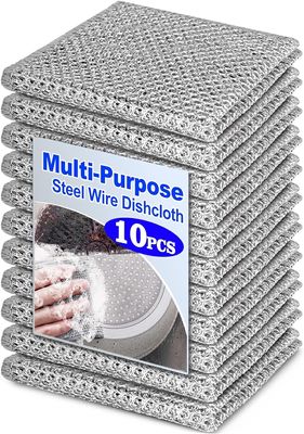 ARUHIU Steel Wire Dishcloth, Multi-Purpose Non-Scratch Scrubbing Pads for Kitchen and Bathroom Cleaning, Stainless-Steel Dish Wash Scrubber for Washing Dishes, Pack of 10, Silver