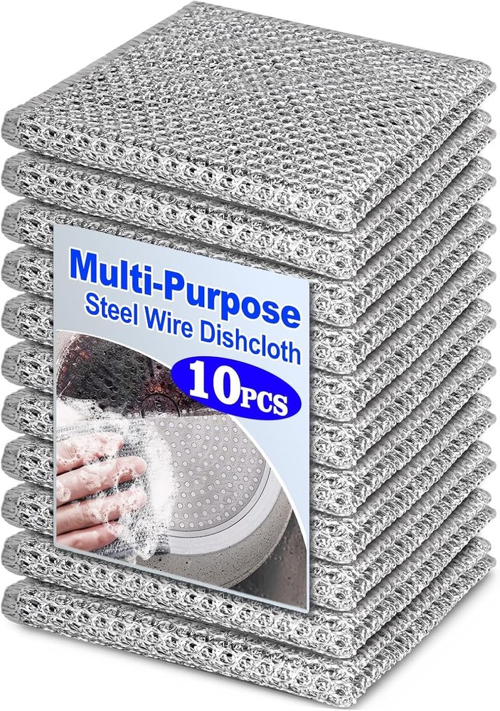 ARUHIU Steel Wire Dishcloth, Multi-Purpose Non-Scratch Scrubbing Pads for Kitchen and Bathroom Cleaning, Stainless-Steel Dish Wash Scrubber for Washing Dishes, Pack of 10, Silver