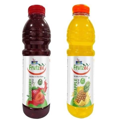 Frutzee Fruit Syrup Refreshing Fruit Sharbat for Summer Drinks, Ideal for Instant Natural Juices, Mocktails, Cocktails & Beverages, No Artificial Colors, 750ML Each - Pack of 2 (750 ML, Strawberry & Pineapple)