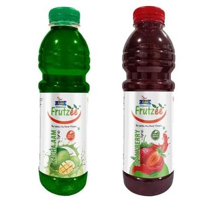 Frutzee Fruit Syrup Refreshing Fruit Sharbat for Summer Drinks, Ideal for Instant Natural Juices, Mocktails, Cocktails & Beverages, No Artificial Colors, 750ML Each - Pack of 2 (750 ML, Kaccha Aam & Strawberry)