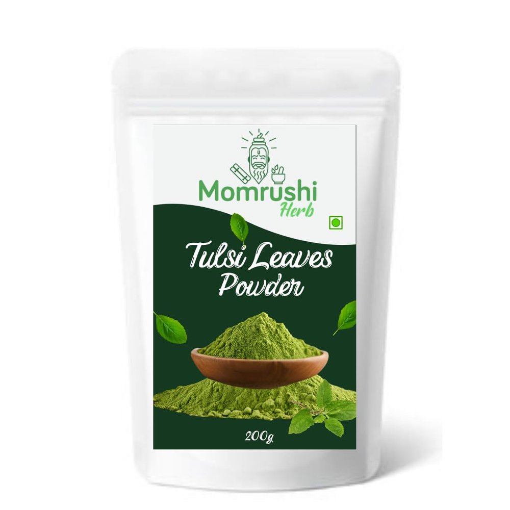 Momrushi Herb Tulsi Powder Organic 200g | Holy Basil | Natural dried Tulsi Leaf Powder | No Preservatives | Ideal for Immunity, Eating, Drinking, Making green tea, Face, Hair & Skin (200 gm)