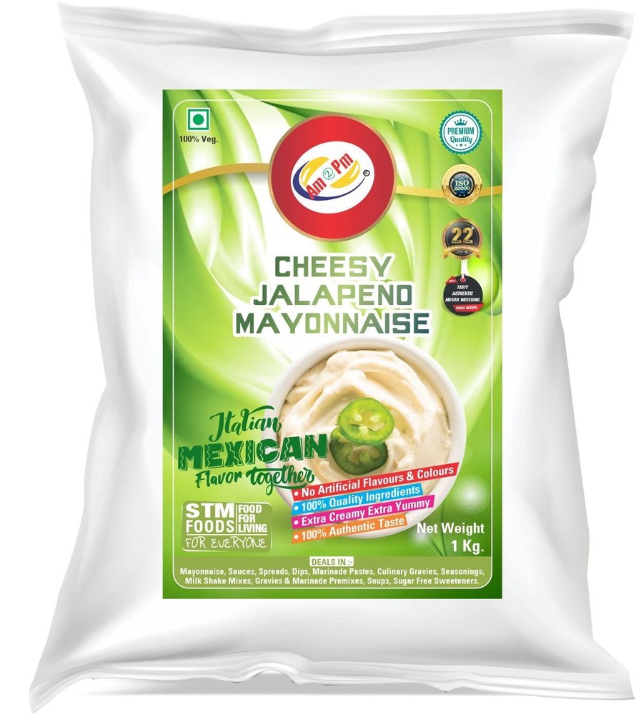 Am 2 Pm - Cheesy Jalapeno Mayonnaise -1 Kg | Italian and Mexican Flvor Together | 100% Vegetarian |Multipurpose Creamy & Cheesy Delicious Mayo for any Fast Foods For Pizzas, Burgers, Sandwiches, Wraps & Rolls