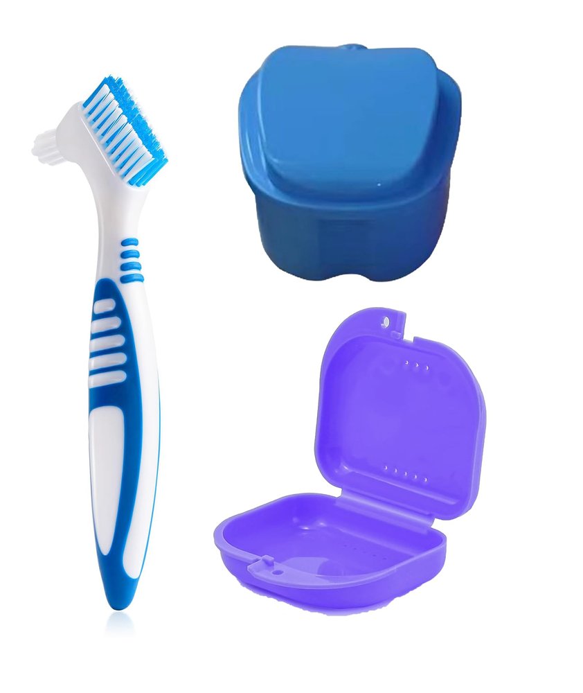Retainer Case and Cleaner Set, Dual Denture Box with Soft Brush, Includes Purple Small Case, Blue Large Case, Green Toothbrush, Supply Complete Clean Care