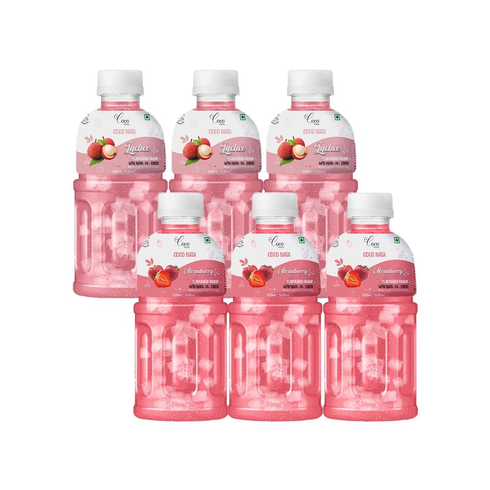 CocoHigh Combo Pack Of Strawberry & Lychee With 25% Nata De Coco 320Ml - (Pack of 6)