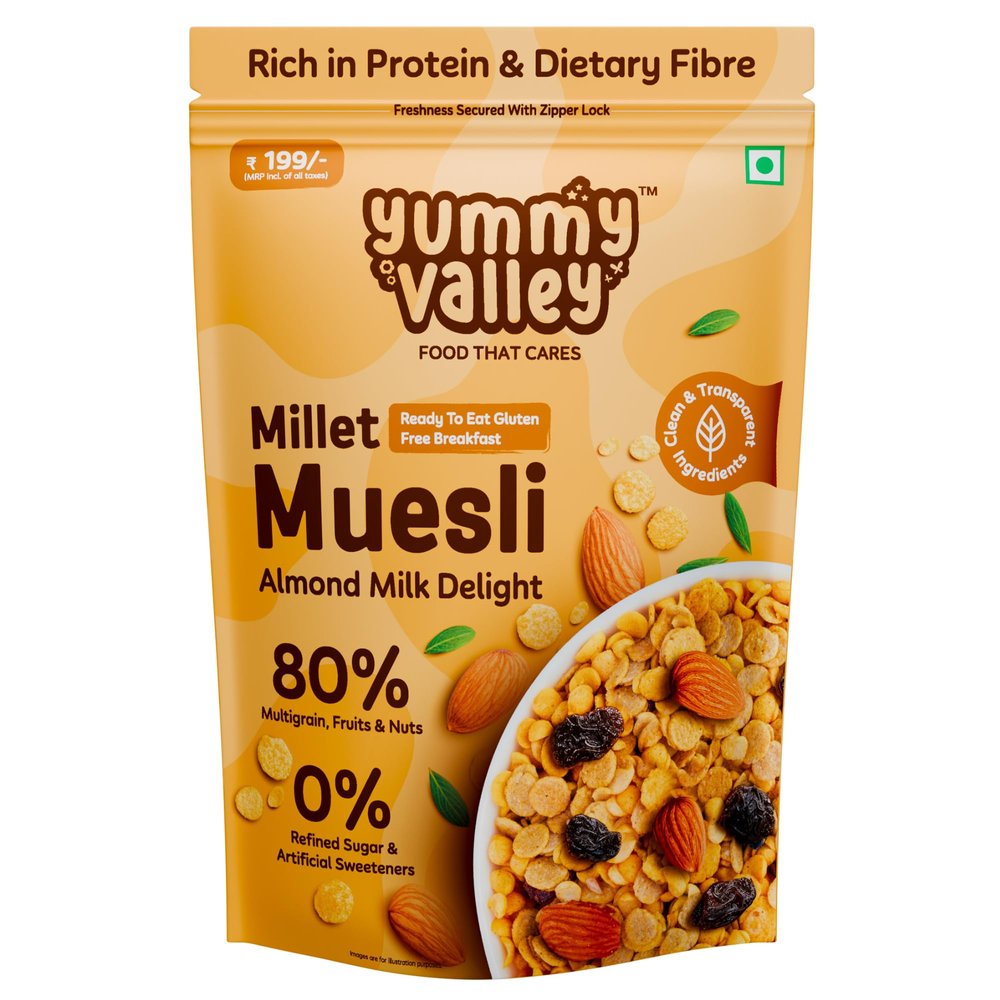 Yummy Valley Millet Muesli Almond Milk Delight, 230g, 40% Millet, Dry Fruits High Protein & Fiber Rich, Zero Refined Sugar, Gluten Free, Cholesterol & Trans Fat-Free Crunchy Snacks