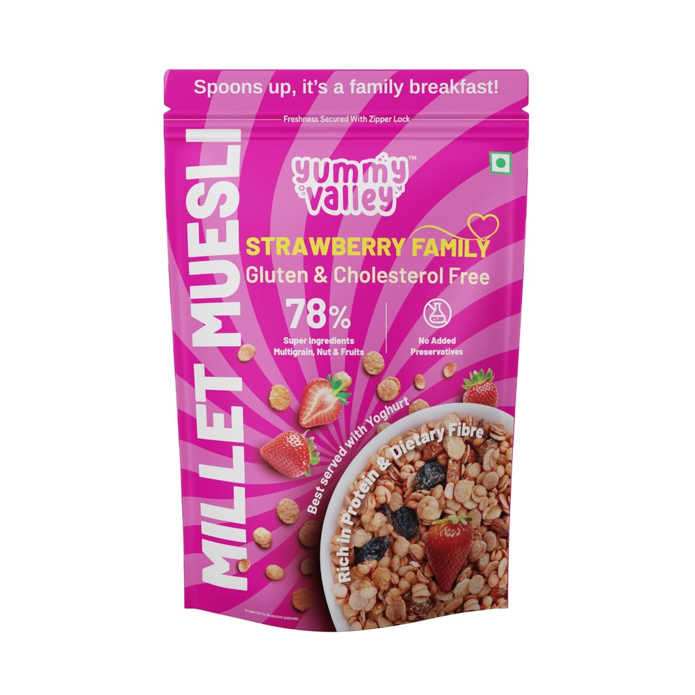 Yummy Valley Millet Muesli Strawberry Bliss 230g, Dry Fruits, 40% Millet, High Protein & Fiber Rich, Strawberry, Seeds, Cholesterol & Trans Fat-Free Crunchy Snacks, Gluten-Free Breakfast Cereal