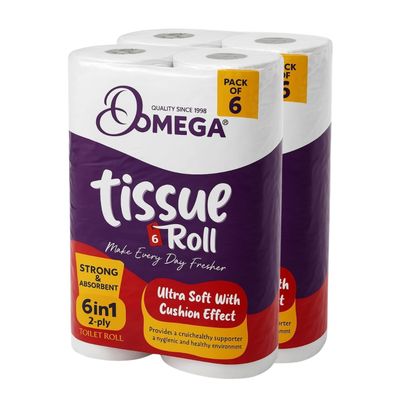 Omega Tissue Roll - 12 Rolls Pack | Ultra Soft Cushion Effect | 2-Ply Toilet Paper | 6-in-1 Strong & Absorbent | 3000 Pulls | Bathroom Tissue | Hygienic & Skin Friendly