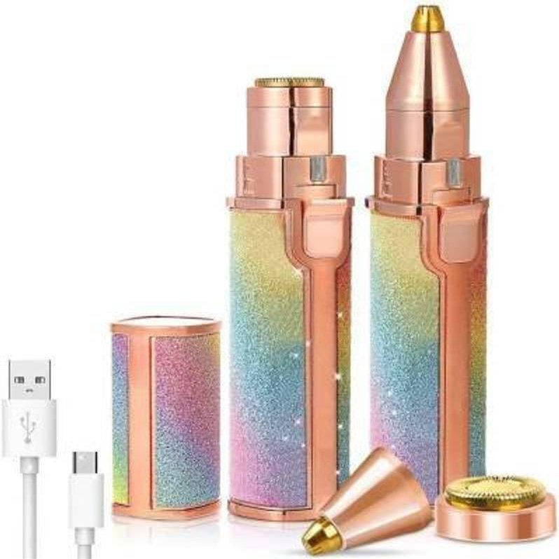 Beauty Phoria 2-in-1 Electric Eyebrow Trimmer and Hair Removal Pen Set, USB Rechargeable, Rainbow Glitter Design, Rose Gold
