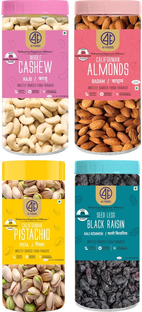41 Foods Premium Dry Fruits Combo of Almonds Black Raisins Cashews and Pistachios | Pack of 4 | 100g Each | 400g