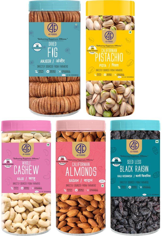 41 Foods Premium Dry Fruits Combo of Almonds Black Raisins Cashews Figs and Pistachios | 2.5 KG (500g x 5).
