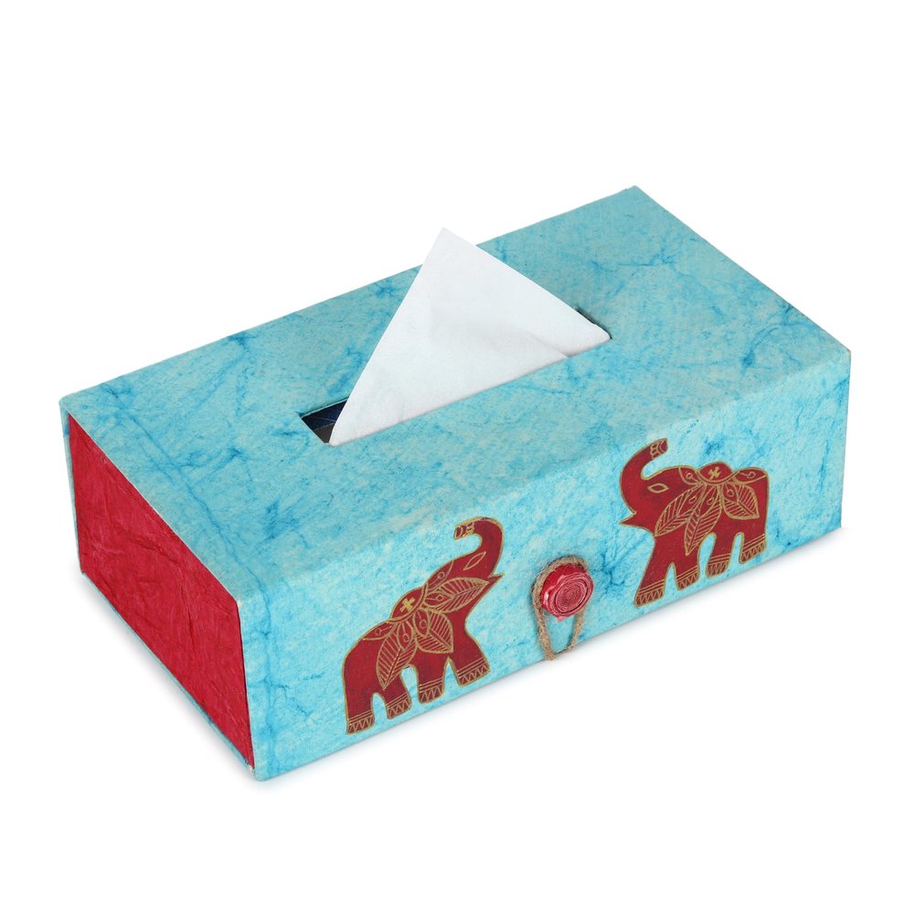 Aftertaste Foundation Handpainted Tissue Box Cover - Decorative Wooden Holder for Home, Office, or Car - Artistic Design for Tabletop or Desk - Stylish Accent for Any Space Blue(Elephant)