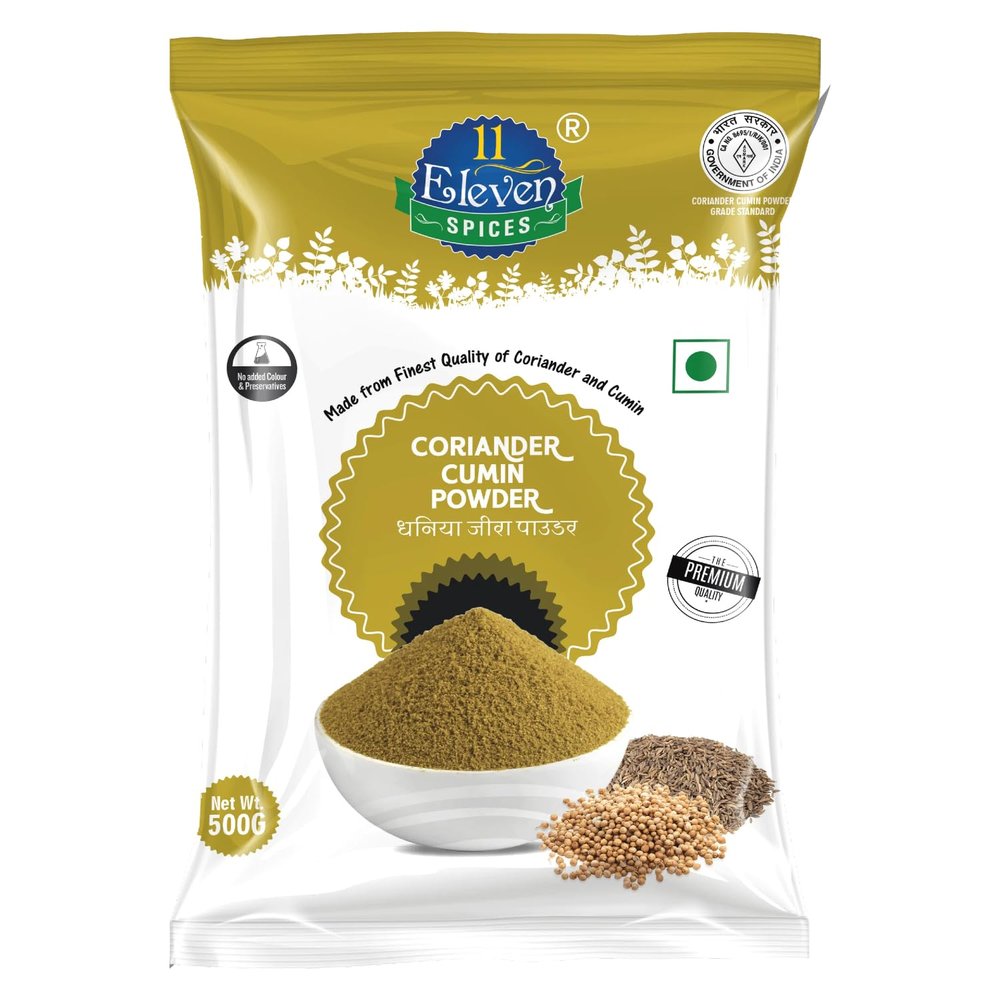 11 ELEVEN SPICES Coriander Cumin Powder Dhania Jeera Powder (Mixed) Natural & Authentic Blend | Free of Preservatives - No Added Colour Rich in Flavour & Aroma | Ideal for Curries & Indian Cooking (500 g)