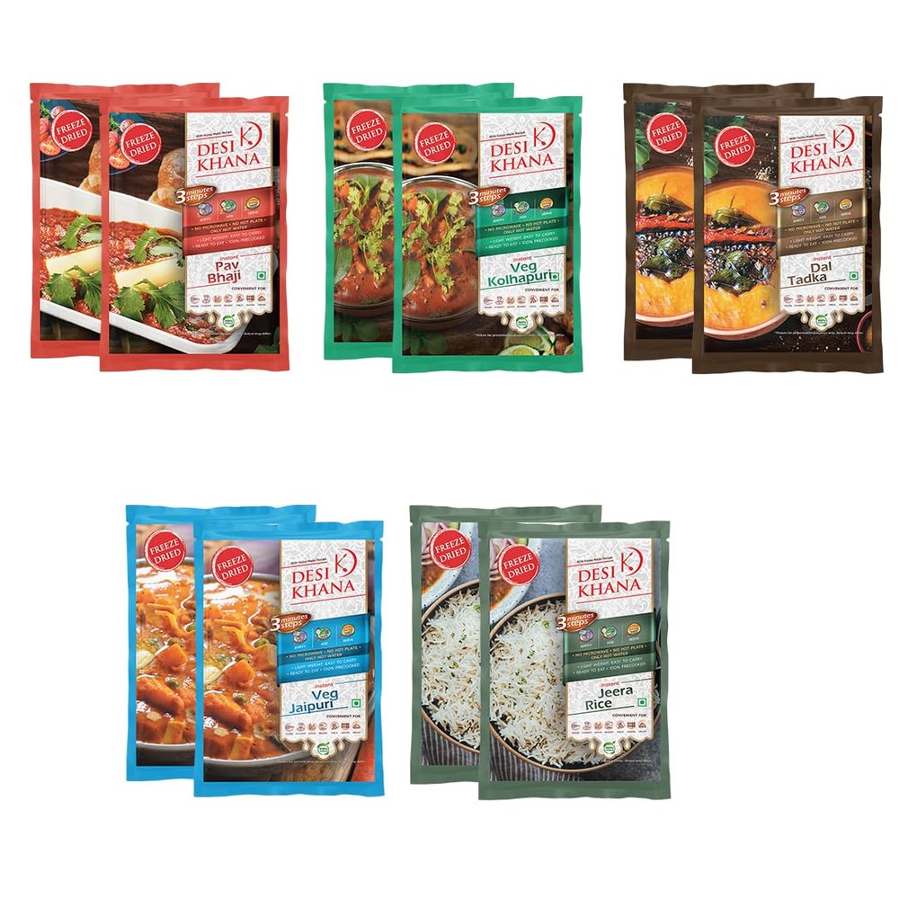 Desi Khana Ready To Eat Meals : POWER Combo (Pack of 10) (2 Pav Bhaji, 2 Veg Kolhapuri, 2 Dal Tadka, 2 Veg Jaipuri, 2 Jeera Rice) | 3 Minute Instant Healthy Food | Tastes Like Home | Zero Preservative