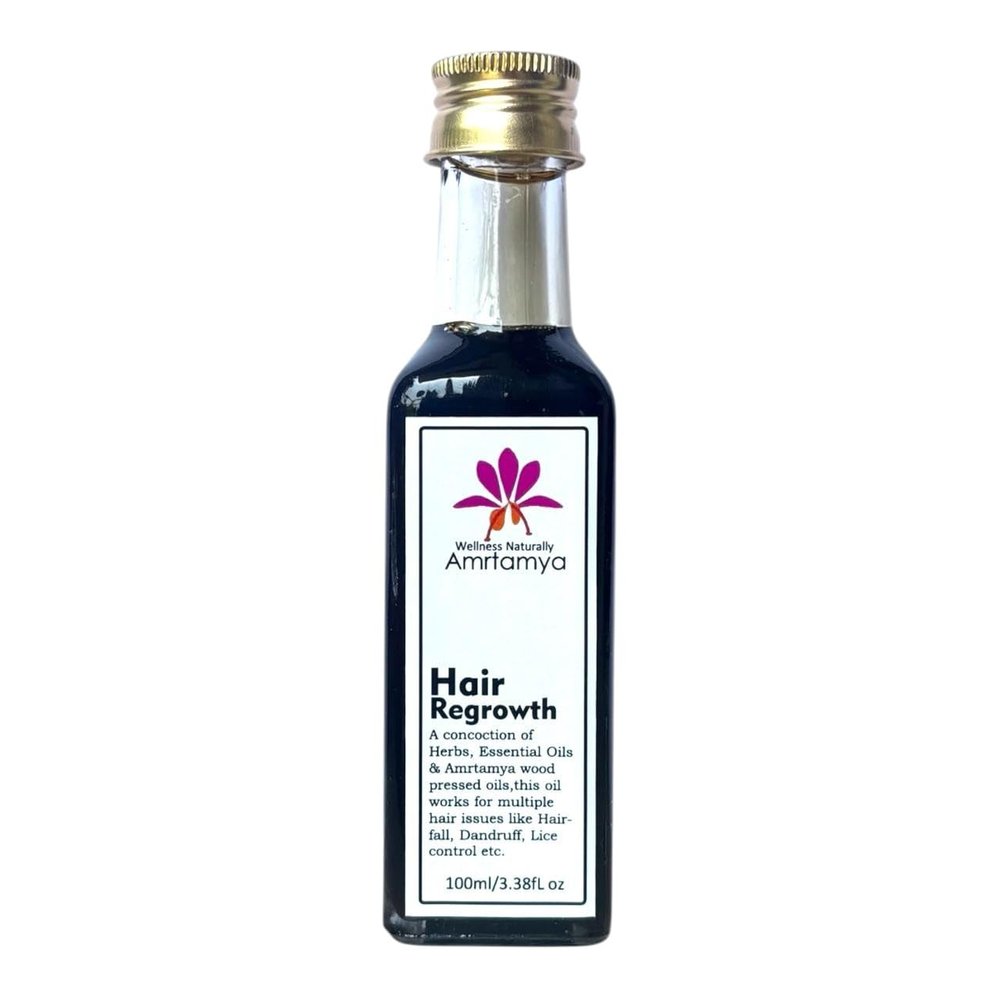 Amrtamya Hair Regrowth Oil | Helps prevent Hairfall and makes Hair Stronger | 100% Natural Made with Amrtamya Wood Pressed oils, blended with Herbs, Essential oils and extracts| 100 ml
