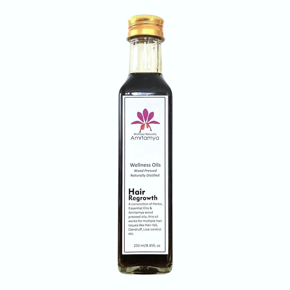 Amrtamya Hair Regrowth Oil | Helps prevent Hairfall and makes Hair Stronger | 100% Natural Made with Amrtamya Wood Pressed oils, blended with Herbs, Essential oils and extracts| 250 ml