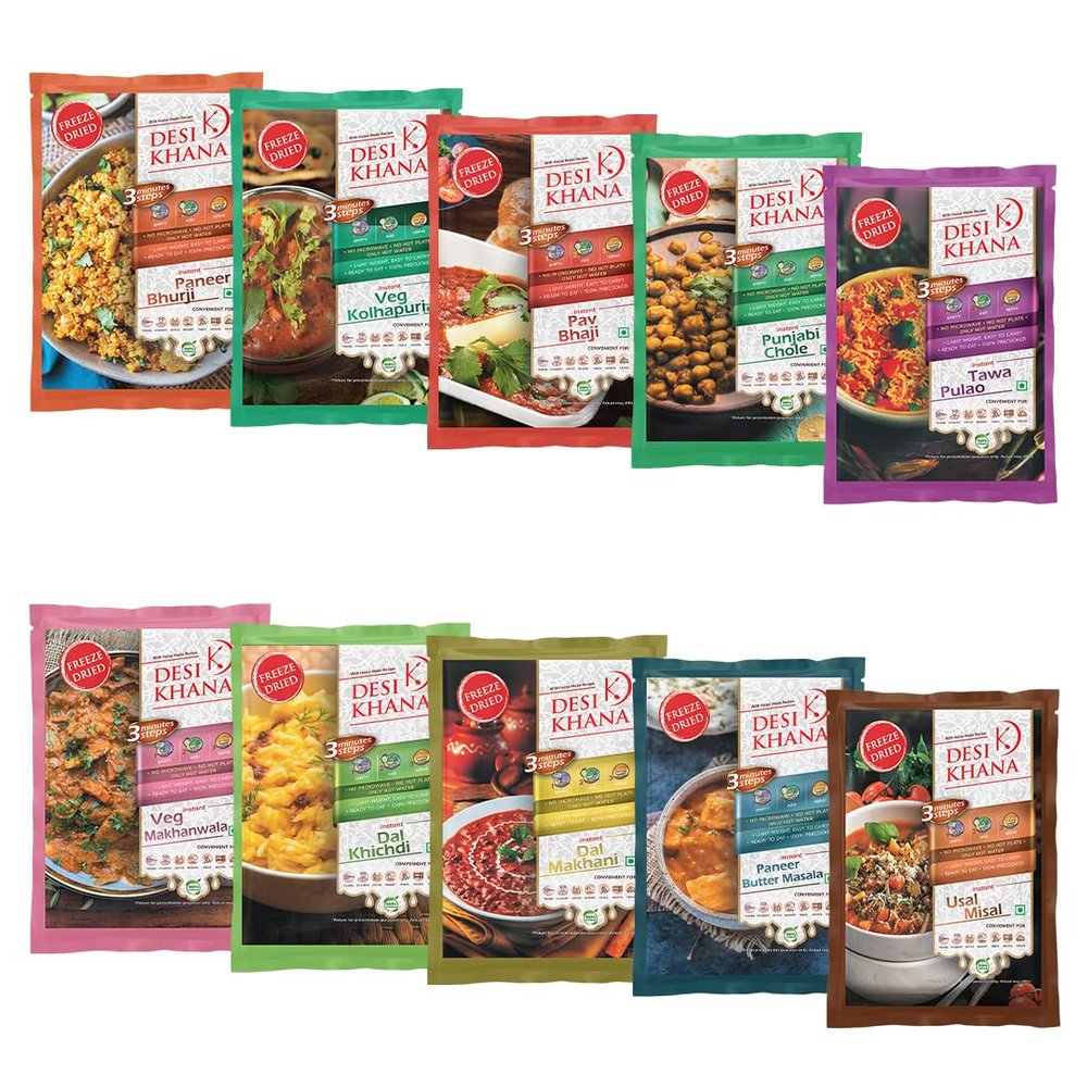 Desi Khana Ready to Eat Meals: Combo (Pack of 10) (Paneer Bhurji, Veg Kolhapuri, Pav Bhaji, Punjabi Chole, Tawa Pulao, Veg Makhanwala, Dal Khichdi, Dal Makhani, Paneer Butter Masala, Usal Misal)