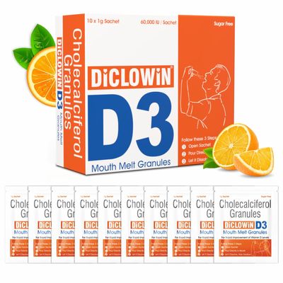 Diclowin D3 Mouth Melt Granules | 10 Sachets (1g Each) | 60,000 IU Vitamin D3 | Sugar-Free | Fast Melt Granules for Bones, Muscles Strength & Immunity