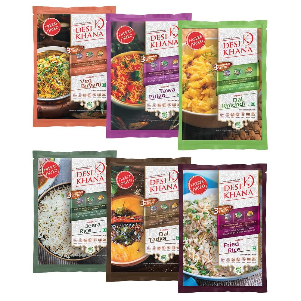 Desi Khana Ready To Eat Meals: POWER COMBO(Pack of 6) (Veg Biryani, Tawa Pulao, Dal Khichdi, Jeera Rice, Dal Tadka, Fried Rice) | 3 Minute Instant Healthy Food | Tastes Like Home | Zero Preservative
