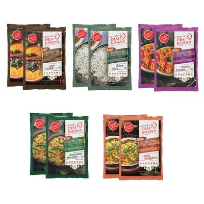Desi Khana Ready To Eat Meals : POWER COMBO (Pack of 10) (2 Dal Tadka, 2 Jeera Rice, 2 Tawa Pulao, 2 Veg Khichadi, 2 Veg Biryani) | 3 Minute Instant Healthy Food | Tastes Like Home | Zero Preservative