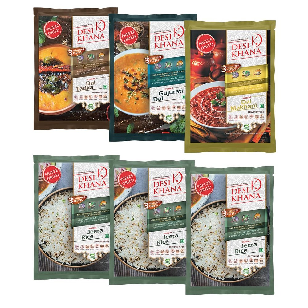 Desi Khana Ready To Eat Meals : POWER COMBO (Pack of 6) (Dal Tadka, Gujurati Dal, Dal Makhani, 3 Jeera Rice) | 3 Minute Instant Healthy Food | Tastes Like Home | Zero Preservative | Wholesome Meal