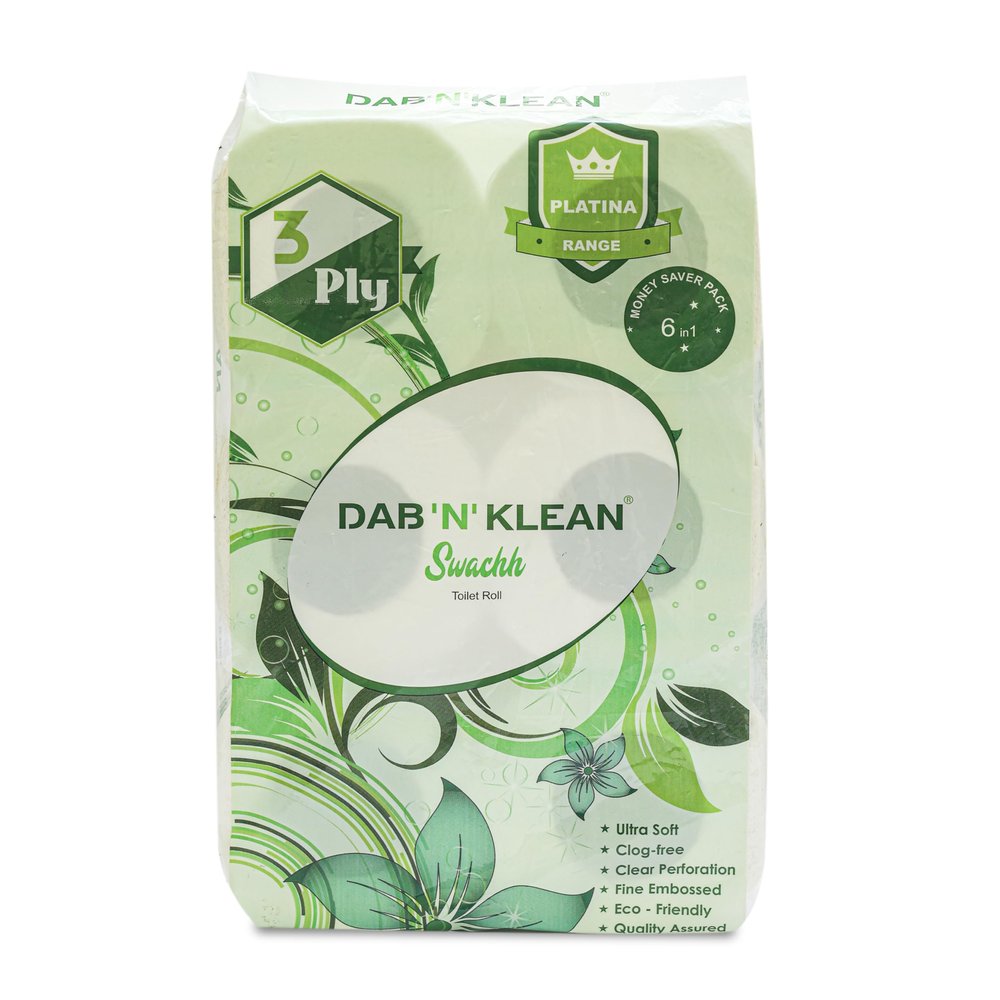 Dab N Klean 3 Ply Toilet Tissue Paper Roll - Pack of 6 | Soft & Ultra Absorbent | OBA-Free | Anti-Clog | Hygienic & 100% Natural Virgin Cellulose Fiber | 300 Pulls per Roll (6 Rolls (1800 Sheets))