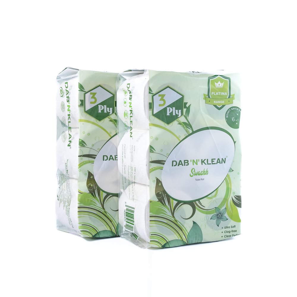 Dab N Klean 3 Ply Toilet Tissue Paper Roll - Pack of 12 | Soft & Ultra Absorbent | OBA-Free | Anti-Clog | Hygienic & 100% Natural Virgin Cellulose Fiber | 300 Pulls per Roll (12 Rolls (3600 Sheets))