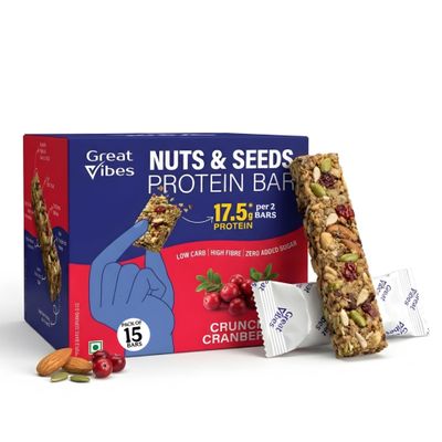 Great Vibes Protein Bar | 8.75g Protein | Cranberry| Zero Sugar No Guilt | Almonds Chia Seeds Flaxseeds | Pre & Post Workout Snack | Best Diet Travelling Snack | High Fibre | 15 Crave Energy Bars pack 25g