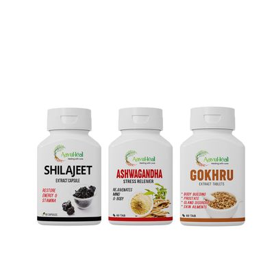 AayuHeal Combo of Shilajeet Extract Capsules, Ashwagandha Tablets & Gokhru Tablets | Ayurvedic Supplement for Strength, Stamina & Stress Support | 60 Tablets Each | Pack of 3