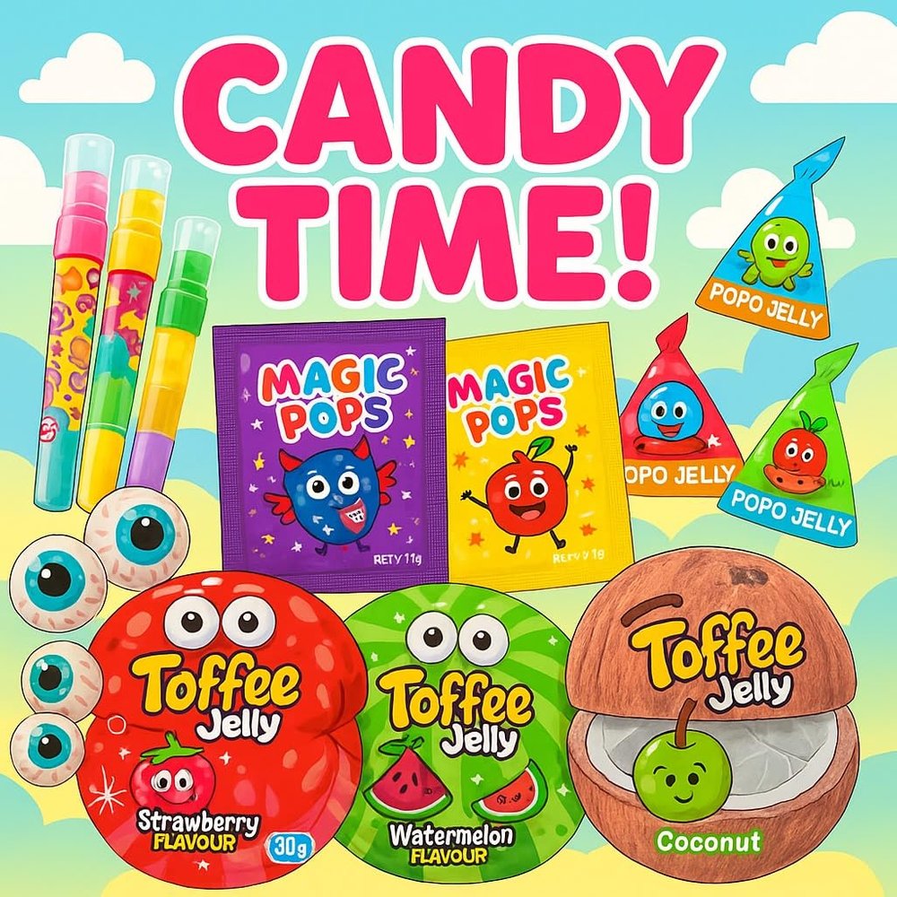 Ultimate Fun Candy Assortment Pack, 20 Pieces - Magic Pops, Gummy Eyeballs, Finger Candy Lipstick, Popo Jelly, Toffee Jelly