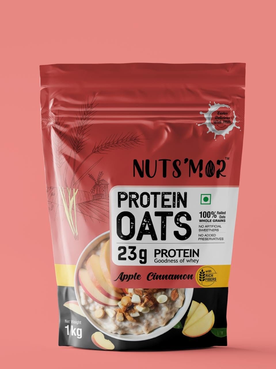 Nuts'mor Protein Oats, Apple Cinnamon Flavour, 23g Protein, (1kg, Apple Cinnamon)