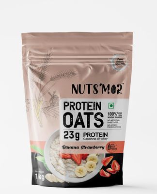 Nuts'mor Protein Oats, Banana Strawberry Flavour, 23g Protein, 1kg, Whole Grain instant Oats