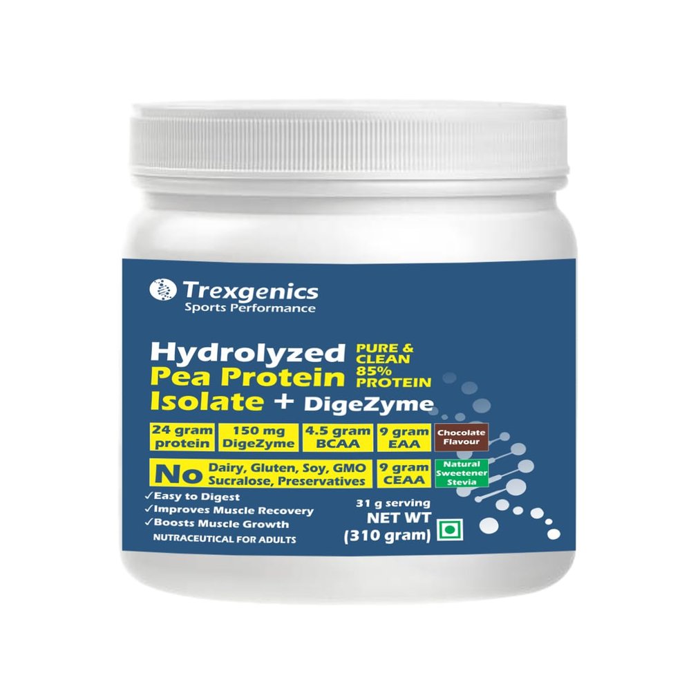 Trexgenics HYDROLYZED PEA PROTEIN ISOLATE CHOCOLATE FLAVOUR, Pure & Clean, 25gm PROTEIN, 4.5 gm BCAA, 9 gm EAA with DigeZyme Digestive enzyme (310 gram)