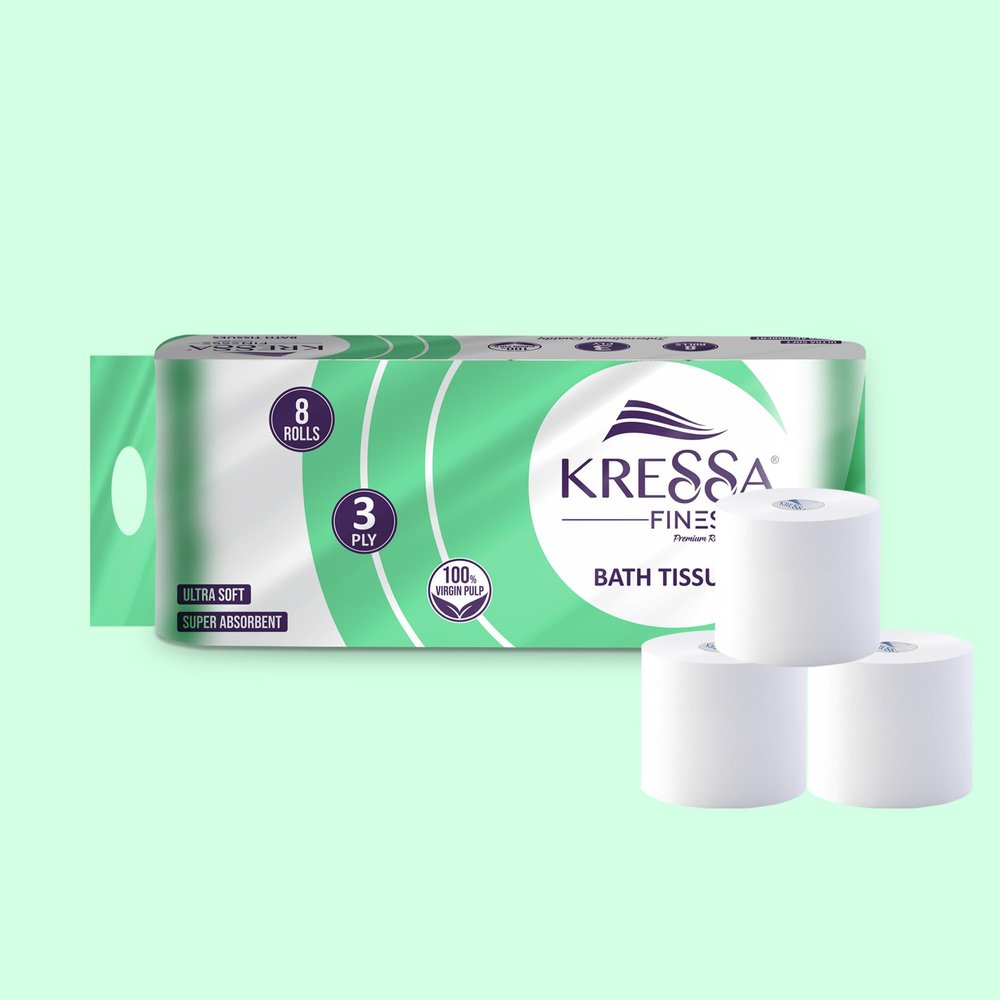 Kressa 3-Ply Toilet Paper - 8 Rolls x 300 Pulls (Total 2,400 Pulls) Soft & Strong 3-Ply Toilet Tissue (Pack of 8)