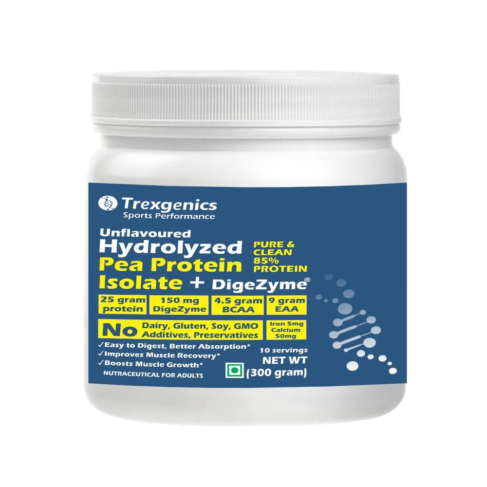 Trexgenics HYDROLYZED PEA PROTEIN ISOLATE UNFLAVOURED, Pure & Clean 25gm PROTEIN, 4.5 gm BCAA, 9 gm EAA with DigeZyme Digestive enzyme Complex, Muscle Growth 10 Servings (300 gram)