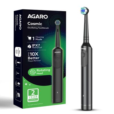 AGARO Cosmic Oscillating Electric Tooth Brush for Adults, Nylon Soft Bristles, Replaceable Brush Head, Rechargeable, Power Oscillating Toothbrush, Black