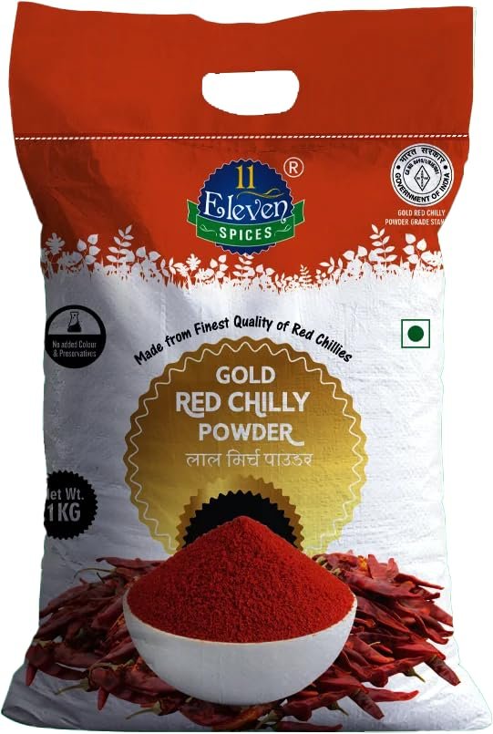11 ELEVEN SPICES Gold Chilli Powder | Pure & Natural Lal Mirch Powder | Spicy Red Chilli Masala for Cooking | No Added Colours, Flavours or Preservatives | Hot & Aromatic Indian Spice for Curries, Gravies, Marinades (1 kg)