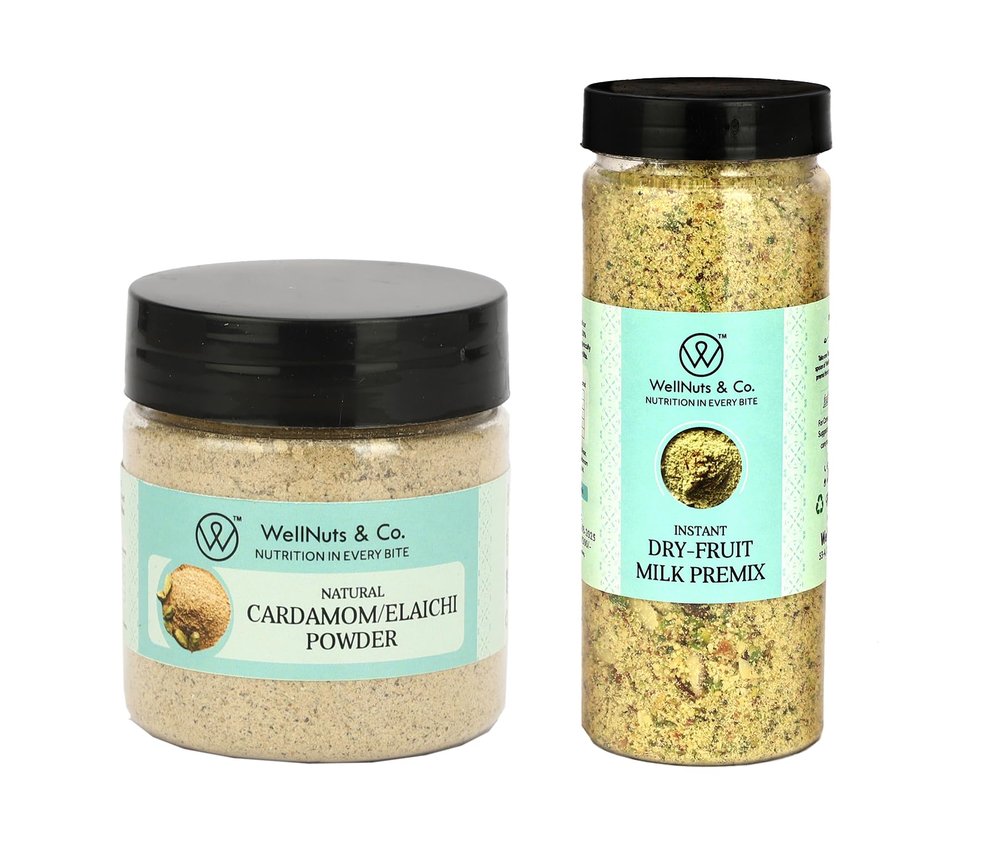 WellNuts & Co. Natural Cardamom (Elaichi) Powder 50g & Instant Dry Fruit Milk Premix 150g | Flavorful & Nutritious Drink Enhancer Combo | No Added Preservatives