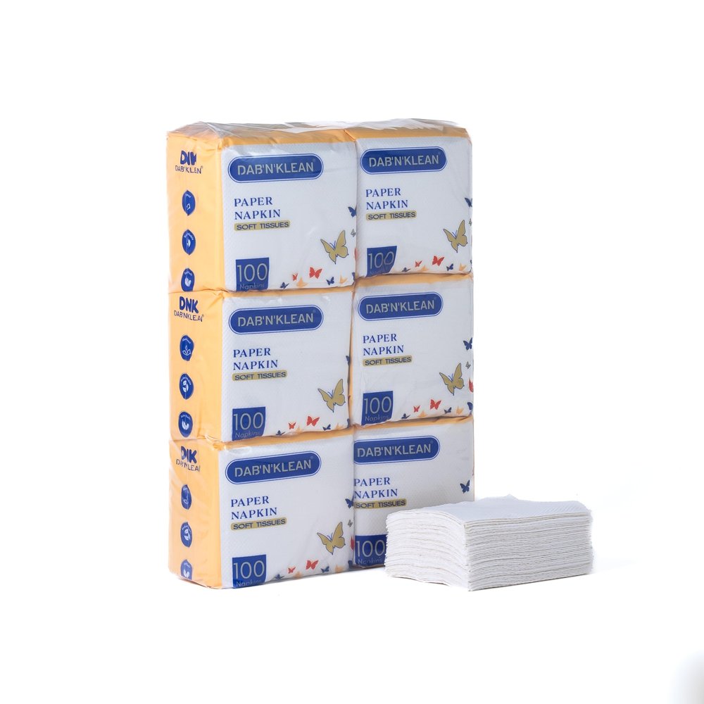 Dab N Klean 1 Ply Tissue Paper Napkins - Pack of 6 | Super Soft & Ultra Absorbent | OBA-Free | Pet Safe | 100% Natural Virgin Cellulose Fiber | 24 x 24 cm, 100 Pulls per Pack (6 Packs (600 Sheets))