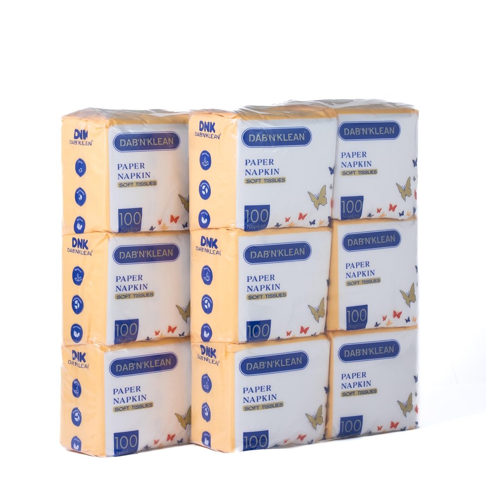Dab N Klean 1 Ply Tissue Paper Napkins - Pack of 12 | Super Soft & Ultra Absorbent | OBA-Free | Pet Safe | 100% Natural Virgin Cellulose Fiber | 24 x 24 cm, 100 Pulls per Pack (12 Packs (1200 Sheets))