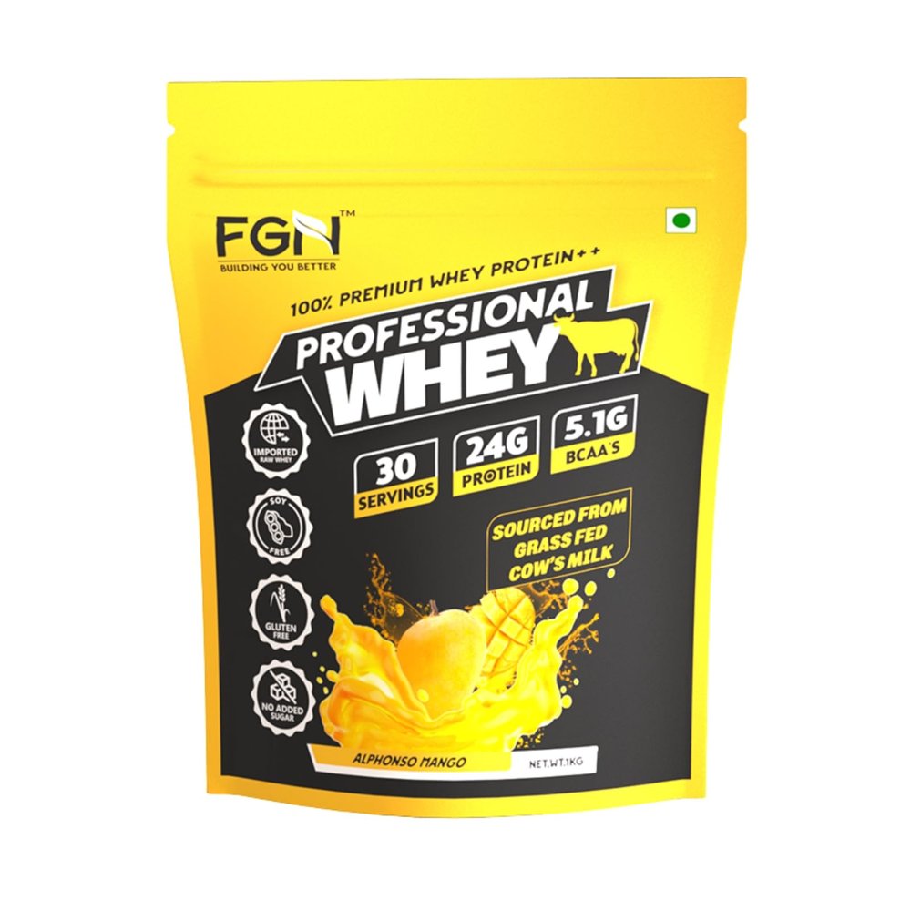 FGN Professional Whey Protein Grass-Fed Whey Isolate & Concentrate 24g Protein Added Digestive Enzymes & Antioxidants BCAA for Muscle Recovery Better Skin & Hair (Alphonso Mango-1kg)