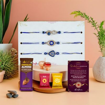 eCraftIndia Set of 3 Diamond Evil Eye Rakhis for Brother Bhaiya Bhai Bhabhi Kids | Rakhi With Chocolate Almond | Raksha Bandhan Greeting Card | Roli Chawal Pack