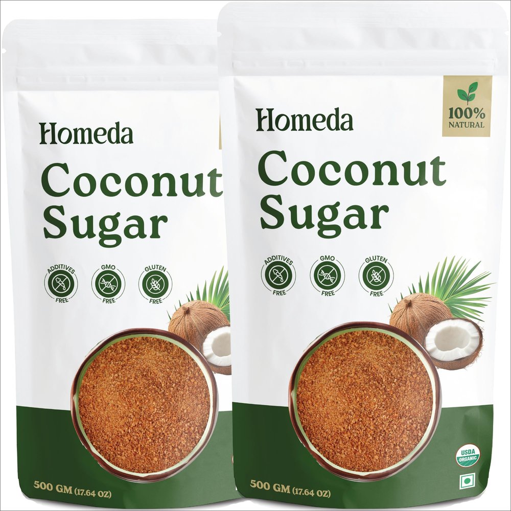 Homeda Coconut Sugar Organic 1 kg, Palm Sugar Organic, Natural Sweetener | Unrefined Unprocessed Coconut Jaggery Powder Substitute | Coco Sap (Pack of 2)