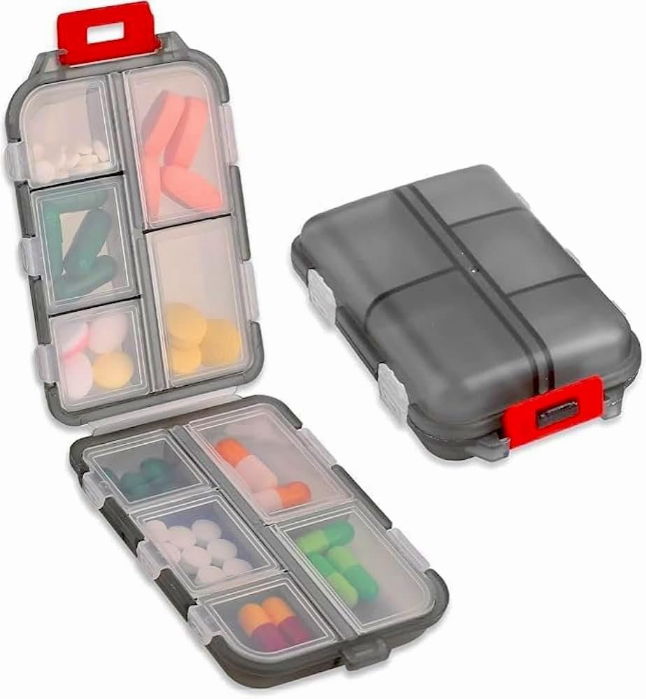 BODY LIFE CARE DATTA STORE Portable Pill Organizer Box with 10 Compartments  Compact Travel Medicine Storage Case for Daily Vitamins & Tablets  Grey Pocket-Sized Pill Holde