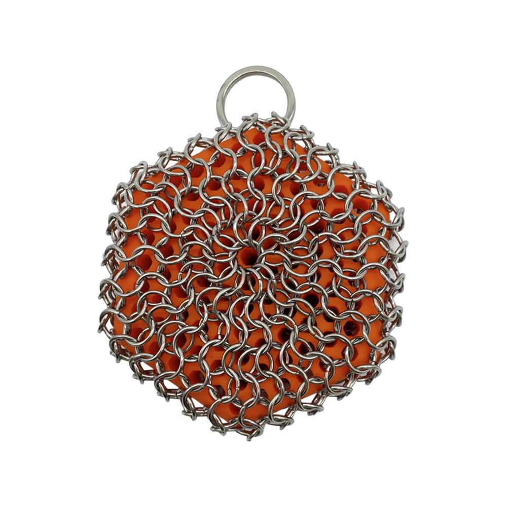 ELBME Cast Iron Chainmail Scrubber Steel Scrubber for Gadught Oven BBQ Grills Pans Orange | 1 Piece Cast Iron Cleaner