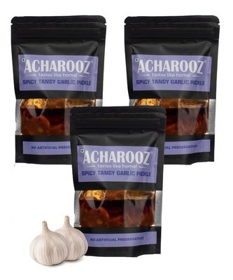 Acharooz Spicy Tangy Garlic Pickle 3 Packets of 100gm each - Authentic Homemade Achar with Bold & Fiery Flavors - Organic & No Preservatives - Ideal for Every Meal - Relish Guilt-Free Pickle