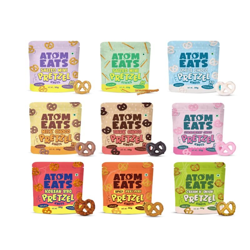 Atom Eats | Assorted Pretzels Power Pack - (Pack of 9) 30g Each | Combo Pack of Savoury, Chocolaty & Spicy Pretzels | Gourmet Gift Pack | Premium Snacking | Imported Quality Snacks | 270g